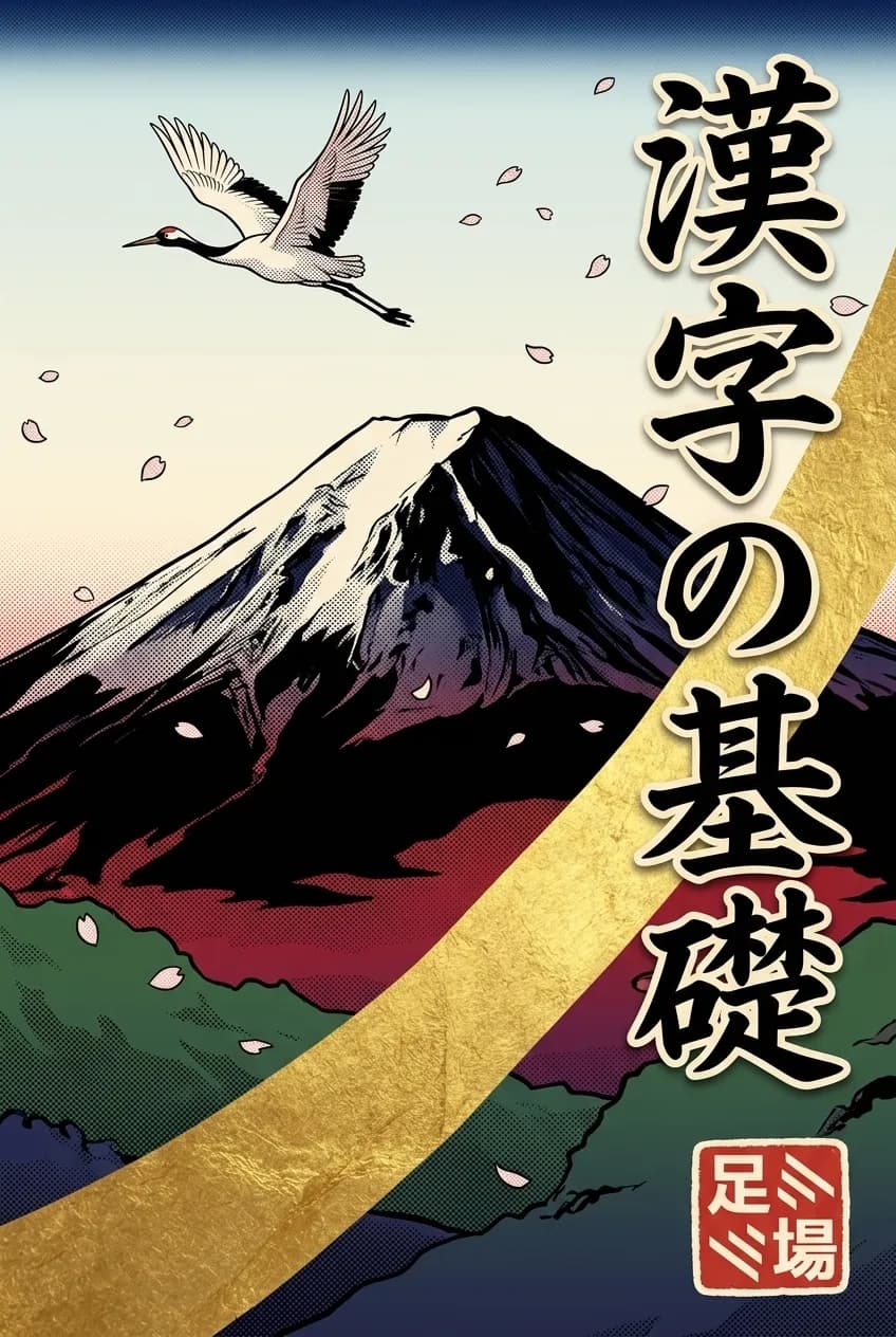 Ashiba Kanji Foundations cover art: Mount Fuji, a crane, and cherry blossoms behind the calligraphy 漢字の基礎