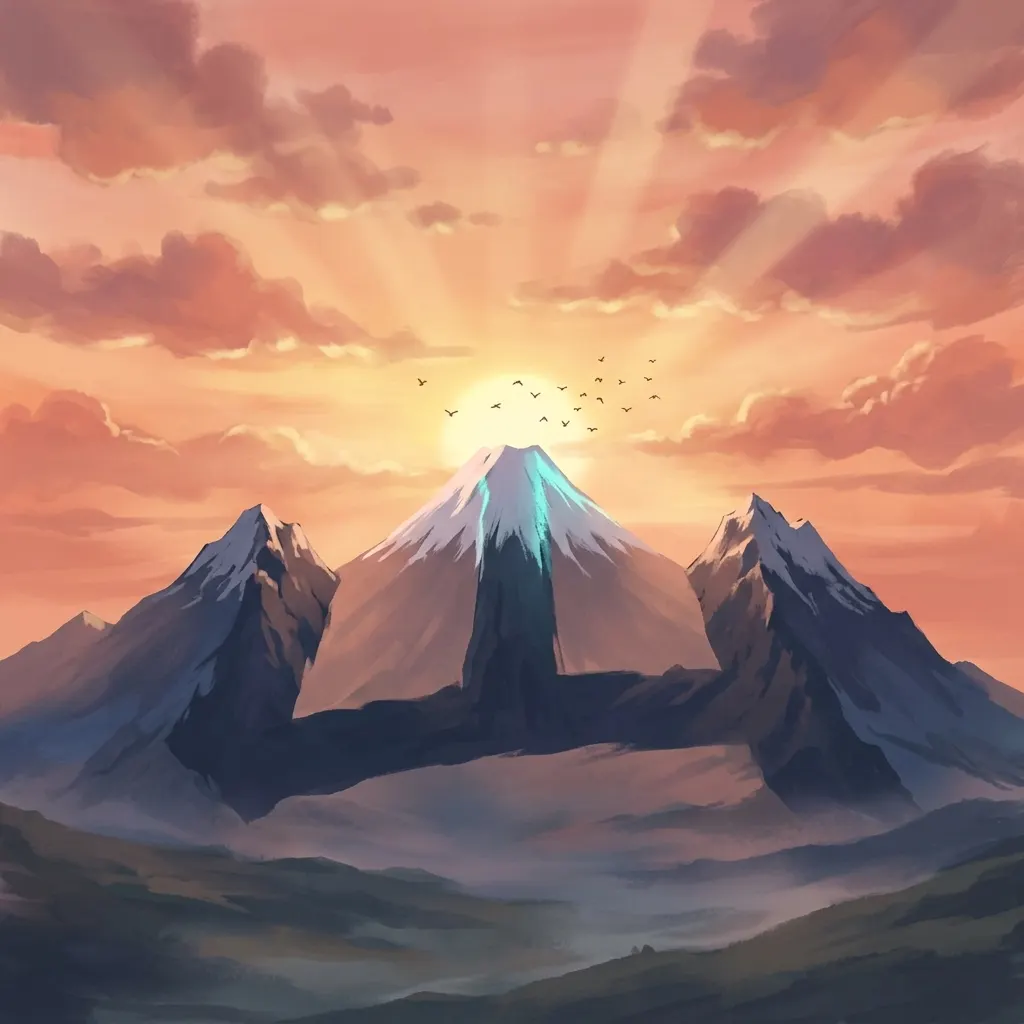 Painting for the kanji 山: three snow-capped peaks at sunrise, the middle one rising highest.