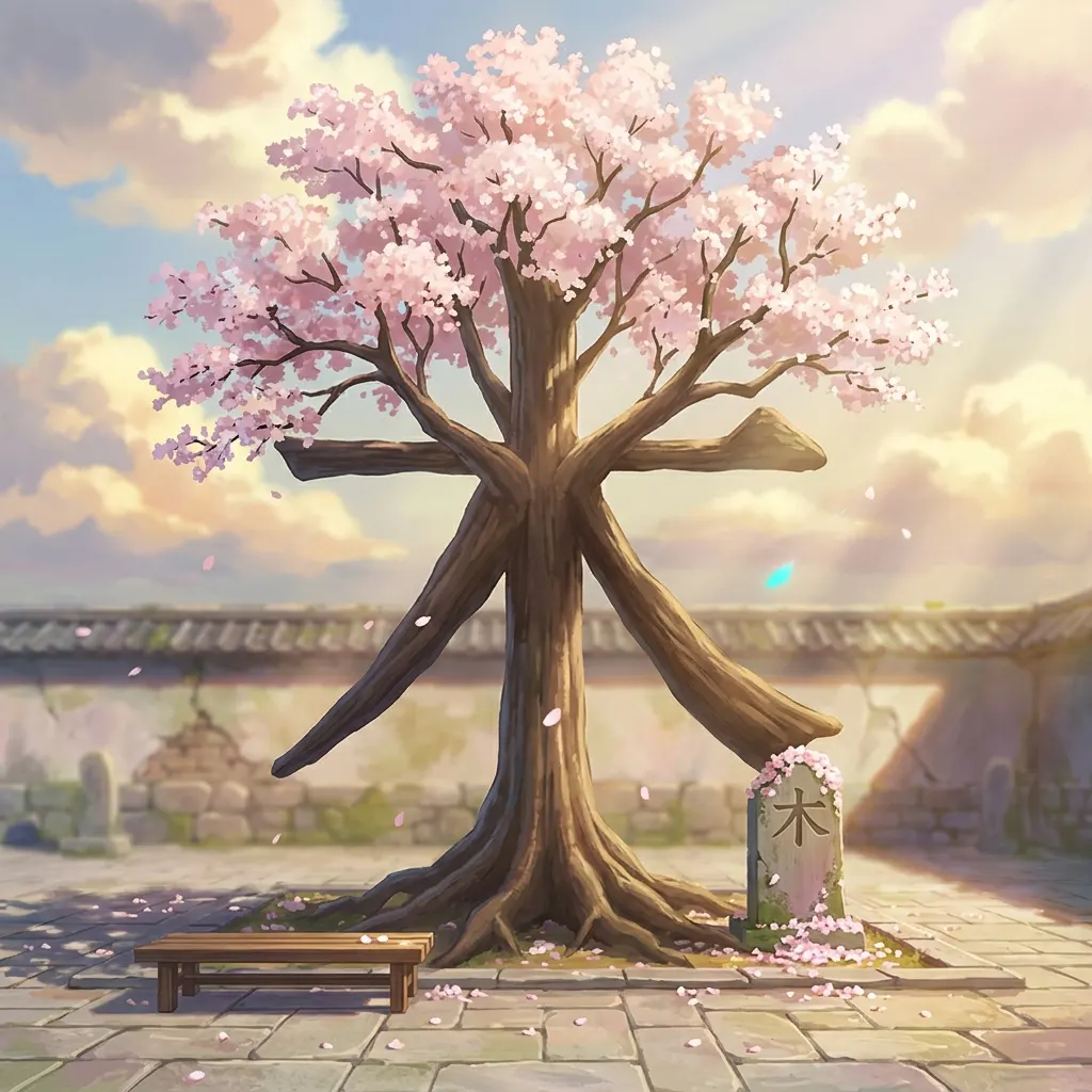 Painting for the kanji 木: a cherry tree in a stone courtyard, its trunk and branches growing in the shape of the character.