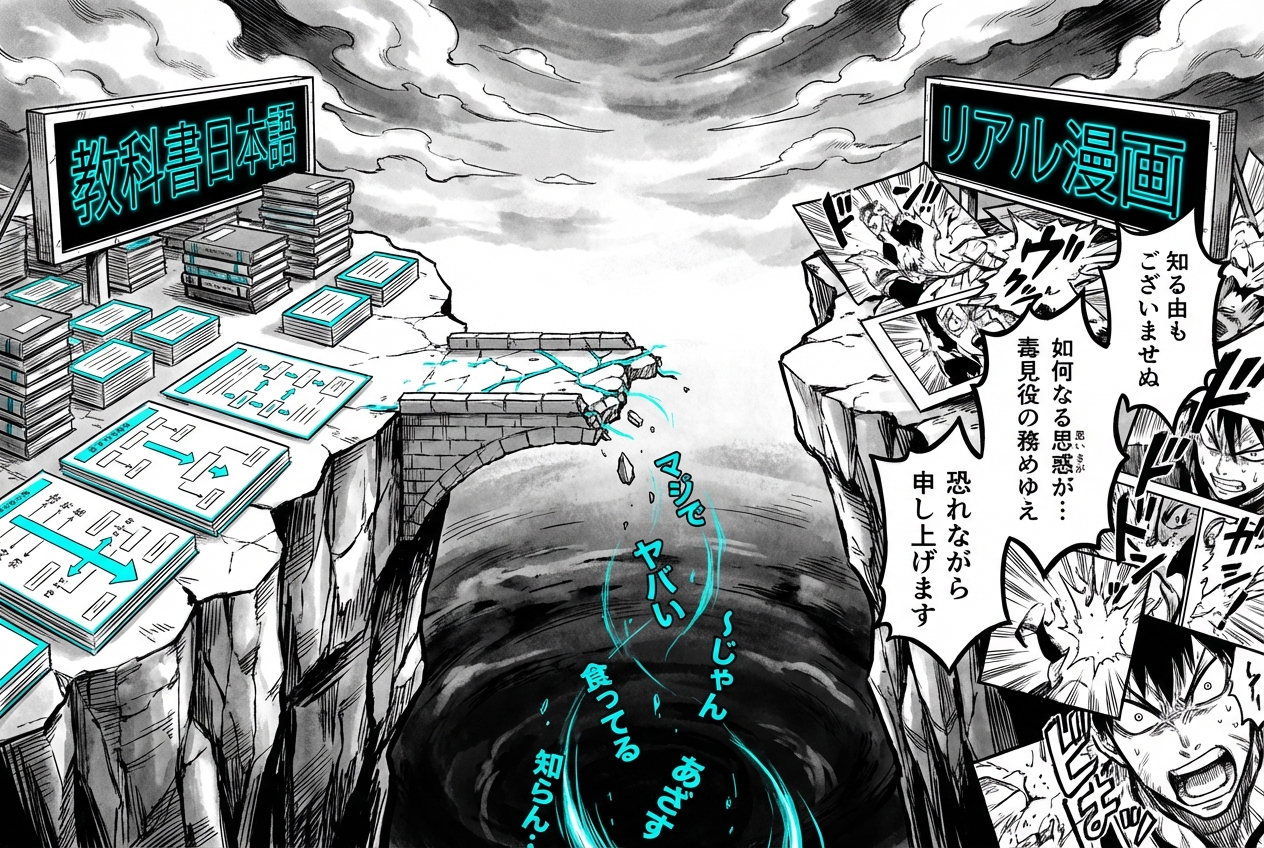 Two cliffs with a broken bridge — Textbook Japanese on one side, Real Manga on the other, with words falling into the gap between them