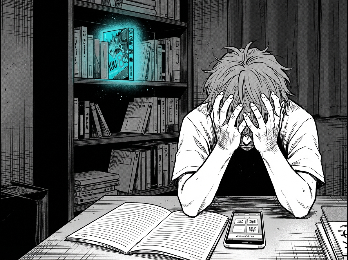 A person back at their desk with flashcard apps, an untouched manga collecting dust on the shelf behind them